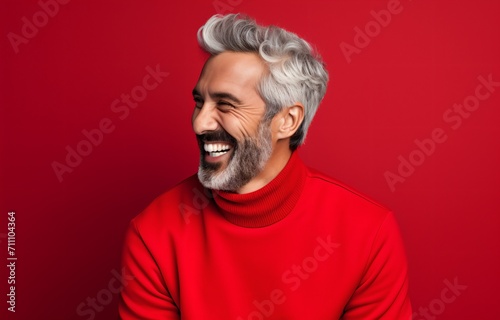 Red background portrait of a happy man with grey hair and beard