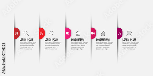 Simple business infographic with 5 parts or steps, containing icons, text, numbers. Can be used for presentation banners, workflow layouts, flow charts, infographics, your business presentations