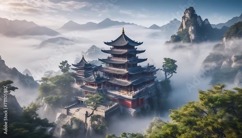Fantasy background with mysterious ancient Chinese temple in mountains in the fog. Buddhist temple in mountains Chinese new year festival generative ai