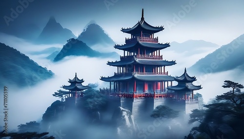 Fantasy background with mysterious ancient Chinese temple in mountains in the fog. Buddhist temple in mountains Chinese new year festival generative ai photo