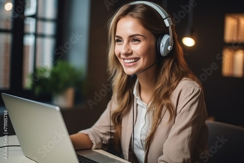 Smiling woman wearing a headset using laptop