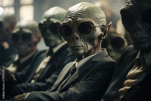 A group of aliens wearing suits and sunglasses are sitting in a room photo