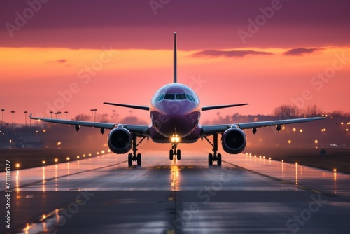 Passenger plane at the airport on the runway. Background with selective focus and copy space