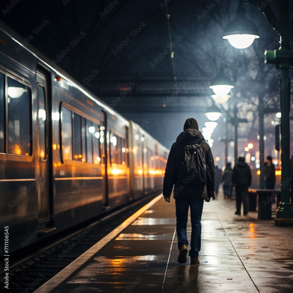 Obraz premium Man walking alone at night on a train station platform