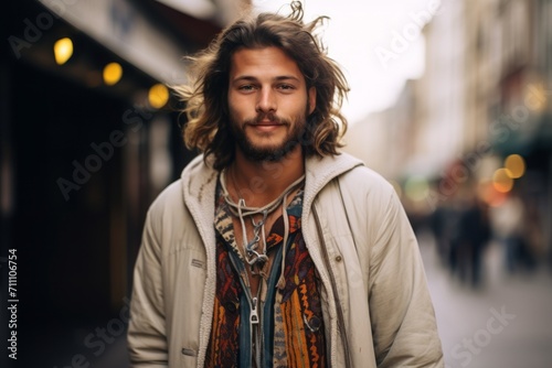 Portrait of a handsome young man with long curly hair in a stylish jacket on a city street.