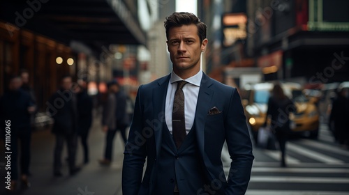 A man in a suit standing in the middle of a busy city street