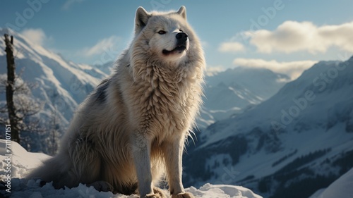 Majestic White Wolf in Arctic Tundra at North Pole Landscape - AI-Generative