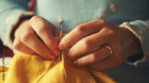 Closeup of a young persons hand using a needle and thread to mend clothing for a clothing drive.