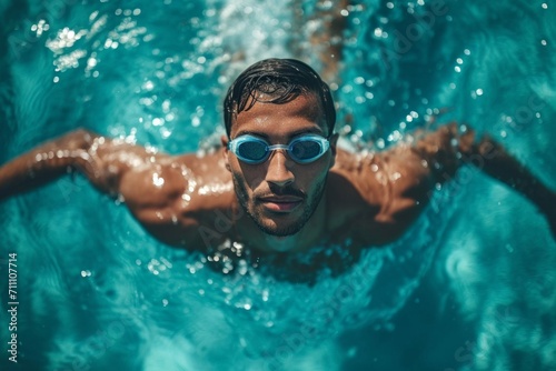 Male swimmer athlete in a swimming pool. Background with selective focus and copy space