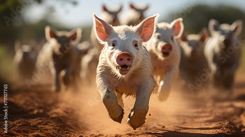 A group of happy pigs running in the field