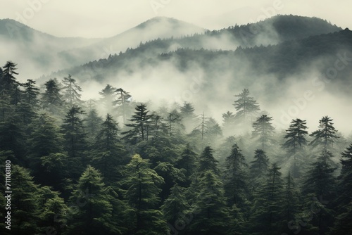 Misty Mountains and Dense Green Coniferous Forest