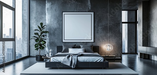 Ultra-modern skyline bedroom with a panoramic bed, urban art, and a blank mockup frame on a metropolitan silver wall