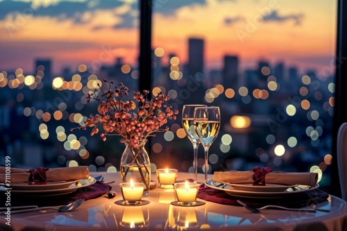 A romantic Valentine's Day dinner setting, candlelit table for two, elegant decor, soft lighting, with a city skyline in the background