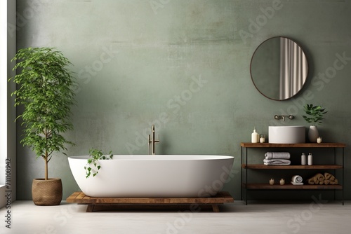 Bathroom with a large bathtub and a potted plant
