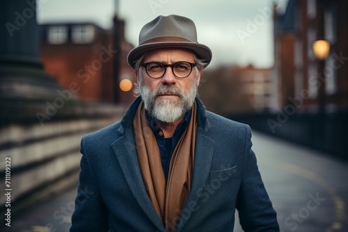 Portrait of a senior man with gray beard and mustache wearing a hat and coat on a city street. © Iigo