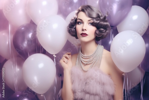 Elegant woman with purple and white balloons