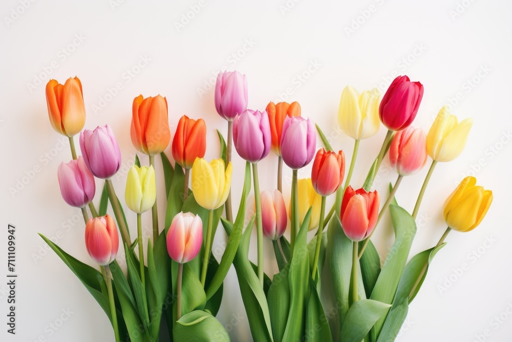 A simple composition with bright tulips on a white background, highlighting their beauty and freshness