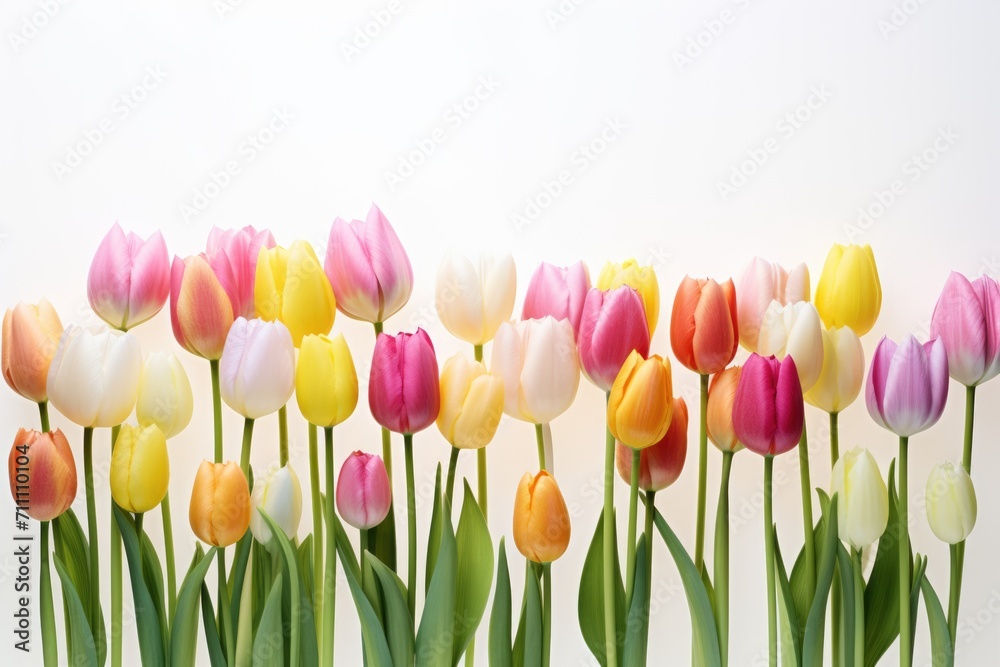 A group of multicolored tulips with distinct red, pink, yellow, and white hues on a light background
