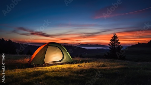 Sunset camping tent on mountain. Tent on mountain at sunrise sky
