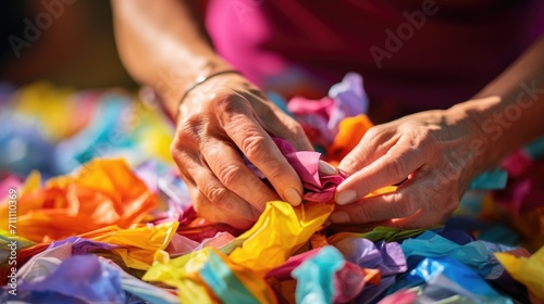 Closeup of an artists hands pieces of brightly colored tissue paper, which will later be used for a collagestyle mural. photo