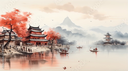 Oriental watercolor painting of a village by the river photo