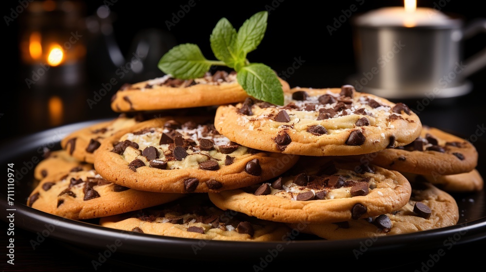 A plate full of chocolate chip cookies with a mint leaf on top A plate full of chocolate chip cookies with a mint leaf on top