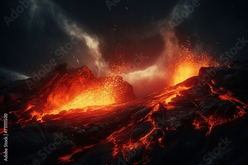 Lava from a volcano erupting at night