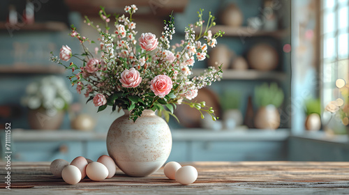 a rustic ceramic vase filled with an arrangement of delicate pink roses and wildflowers, set on a wooden table in a kitchen with open shelves, evoking a sense of natural elegance and homely charm.