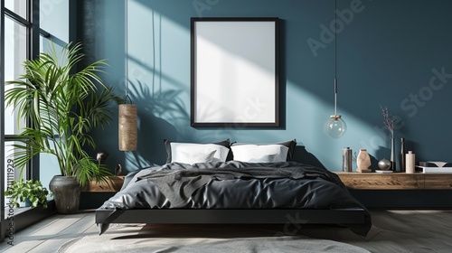 : An airy, minimalist bedroom with a monochrome black bed, a floating wooden shelf as a nightstand, and a large blank mockup frame on a wall painted in a calming shade of blue.
