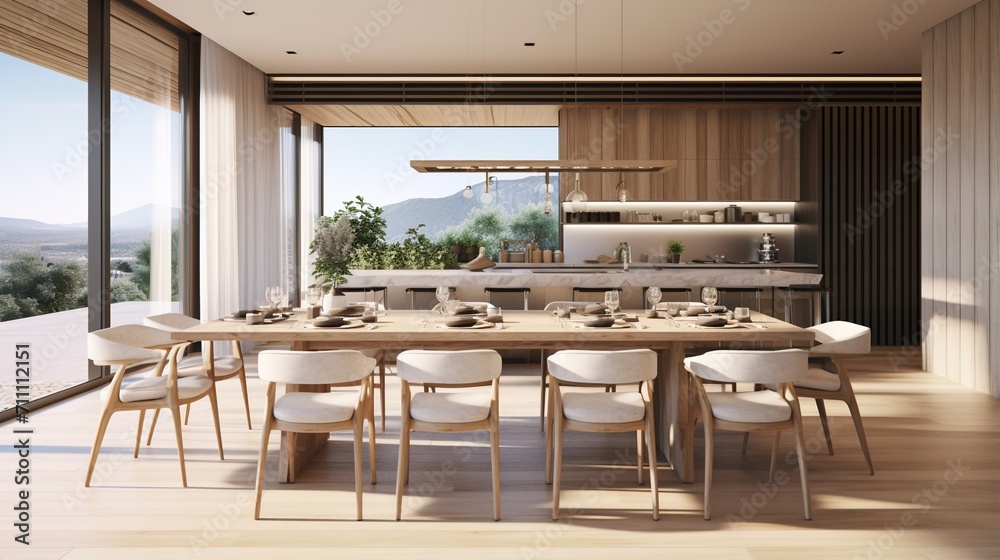 Modern dining room with a long wooden table and a view of the mountains