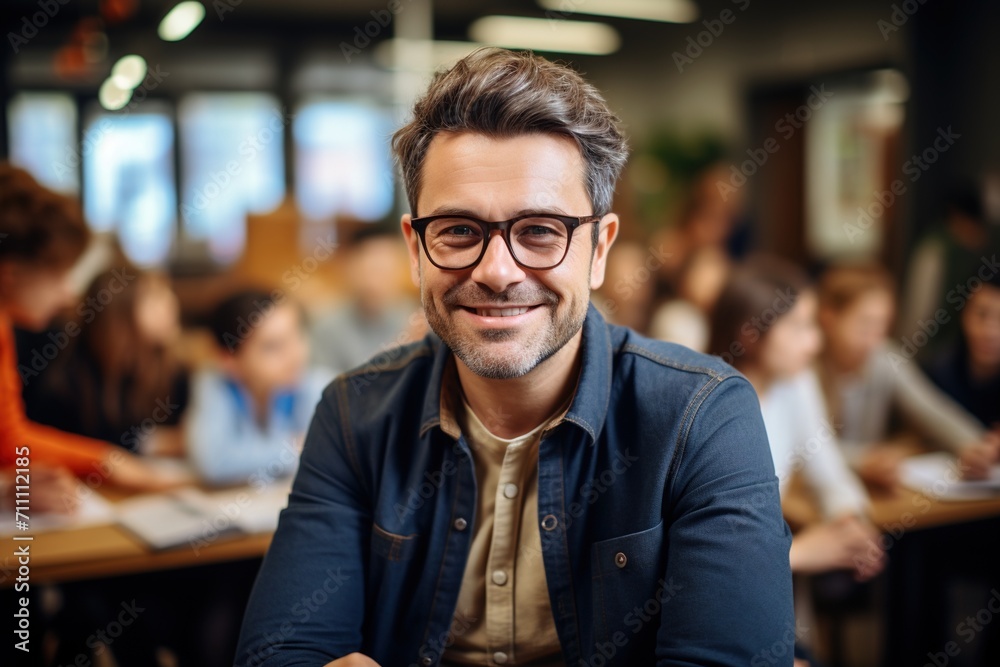 Portrait of a male teacher smiling in a classroom Portrait of a male teacher smiling in a classroom