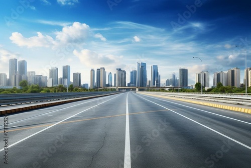 An empty road with city buildings in the background. New highway construction representing the way to success in transportation and logistics. Generative AI