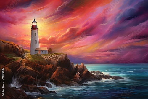 A painting of a lighthouse with a colorful sky and aurora, a red light on a rock near the ocean. Generative AI
