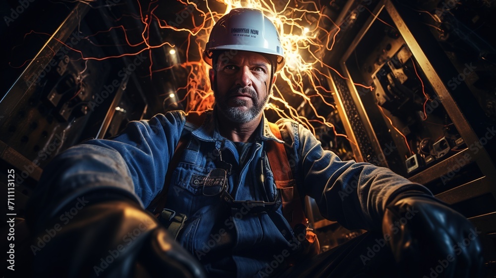 technician in hard hat with electrical sparks