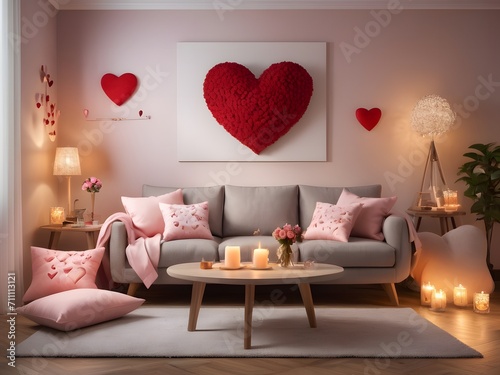 Cozy Romantic Living Room with Heart Decor and Candlelight Ambiance