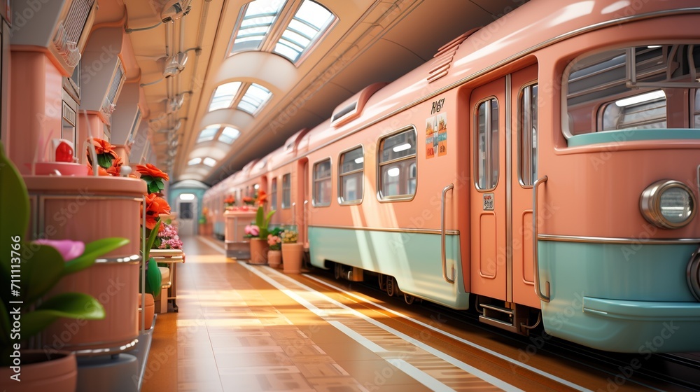 pink and blue retro train station with flowers