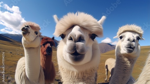 Four curious alpacas taking a selfie in the Andes Mountains of South America 