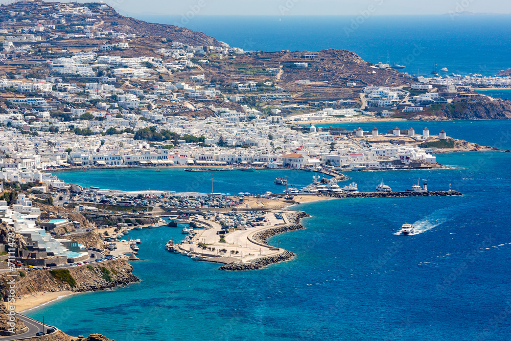 Panorama View of town from elevated view point at Mykonos Town