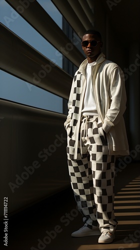 Black man wearing white and black checkered outfit © Adobe Contributor