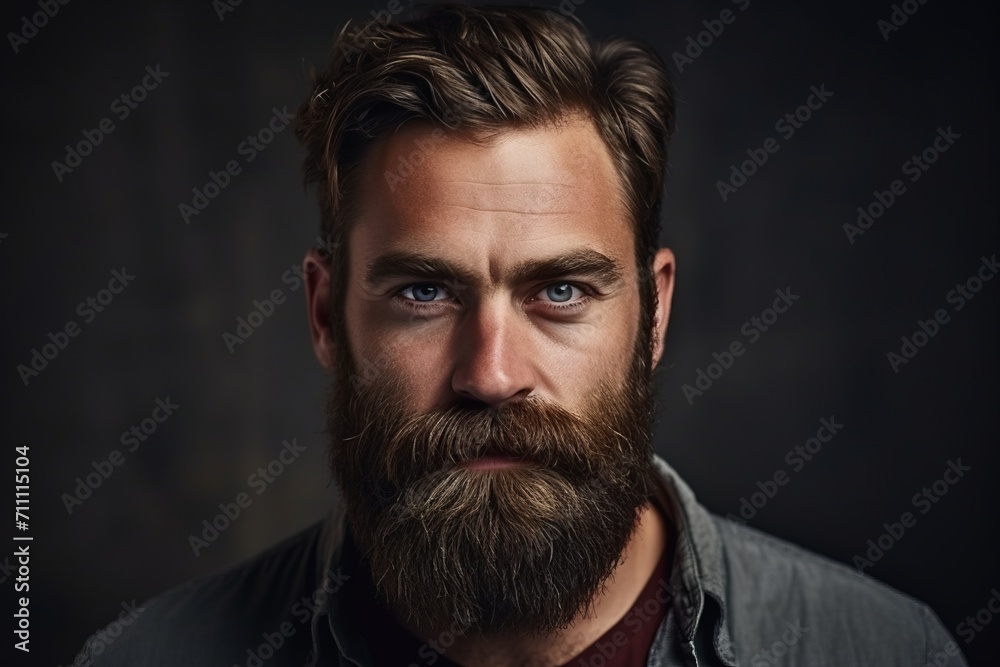 Portrait of a handsome man with long beard and mustache over dark background.