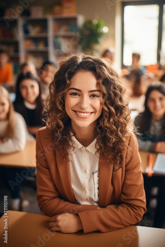 Confident young female teacher in classroom of students