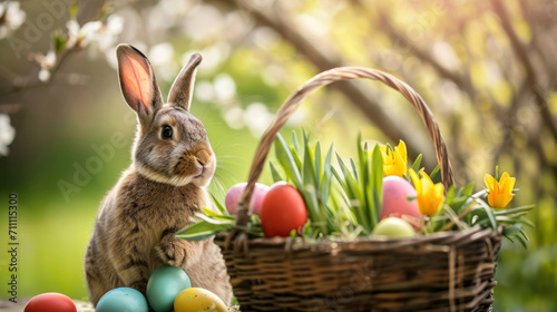 Easter bunny with basket of colorful eggs and spring flowers in garden with blooming trees