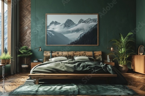 Cabin style bedroom with a log bed, mountain landscape art, and a blank mockup frame on a hunter green wall photo