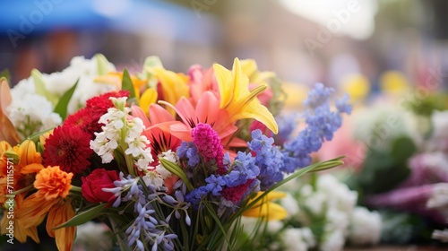 Macro image of a vibrant bouquet of wildflowers being sold at a charming street market stand.