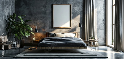 Chic urban apartment bedroom with a fashionable bed, cityscape photography, and a blank mockup frame on a metropolitan grey wall