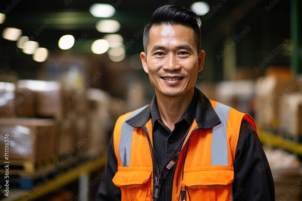 Portrait of a happy Asian male warehouse worker