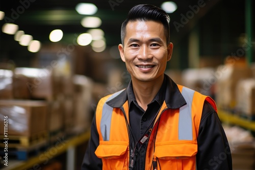 Portrait of a happy Asian male warehouse worker