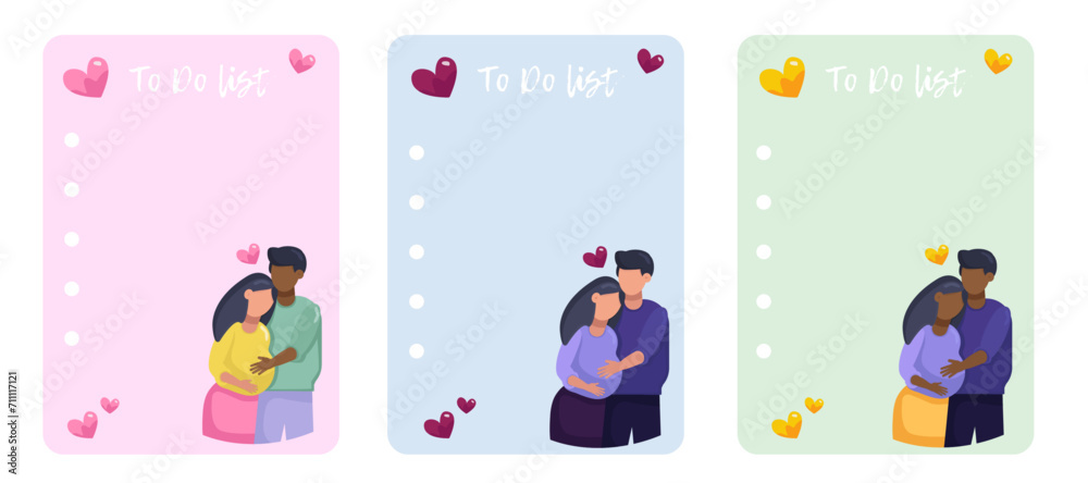 Set of to do list with happy young faceless couple with hearts expecting a baby. Valentine notes with romantic couple. Pregnant woman. Flat vector illustration with pastel candy colors