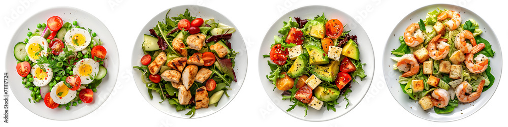 Rich plates of salad from green leaves mix and vegetables with avocado or eggs, chicken and shrimps isolated on transparent background. Rich plates of salad from green leaves mix and vegetables with avocado or eggs, chicken and shrimps isolated on transparent background.