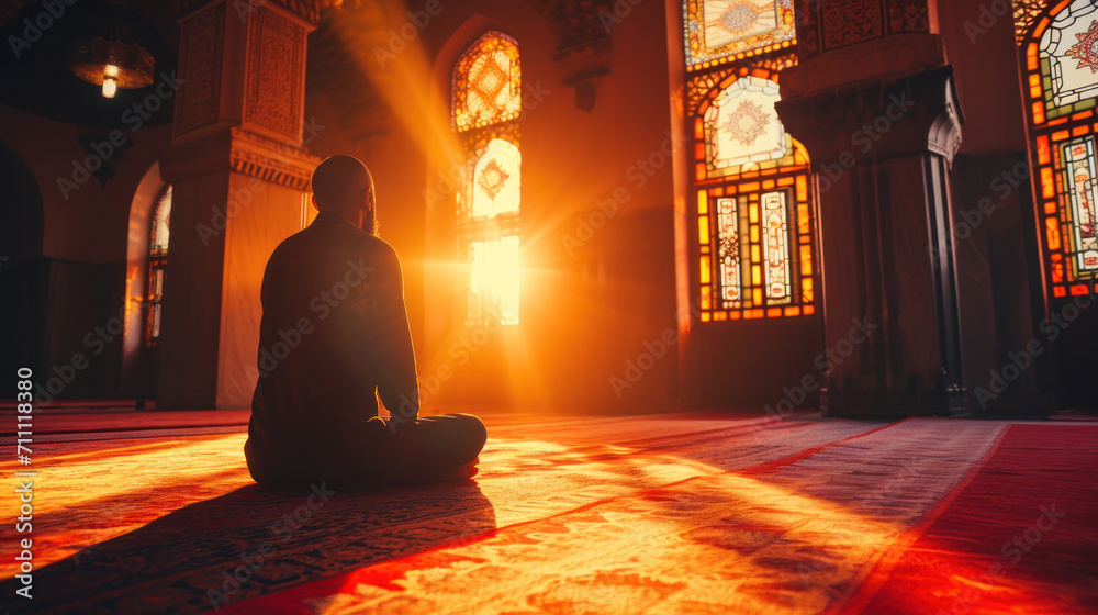 Ramadan Kareem greeting. Man with prayer beads in mosque. Muslim male praying. Quran reading and pray. End of fasting. Hari Raya day. Eid al-Fitr celebration. Breaking of holy fast day. Ramadan Kareem greeting. Man with prayer beads in mosque. Muslim male praying. Quran reading and pray. End of fasting. Hari Raya day. Eid al-Fitr celebration. Breaking of holy fast day.